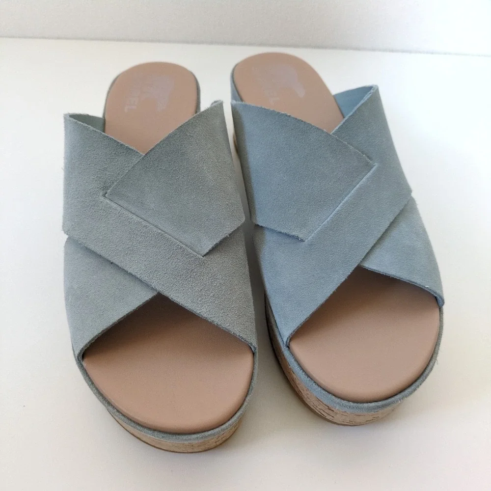 Sorel Cameron‎ Flatform Sandal Women 9.5 Blue Suede Cross Strap Platform NL4631